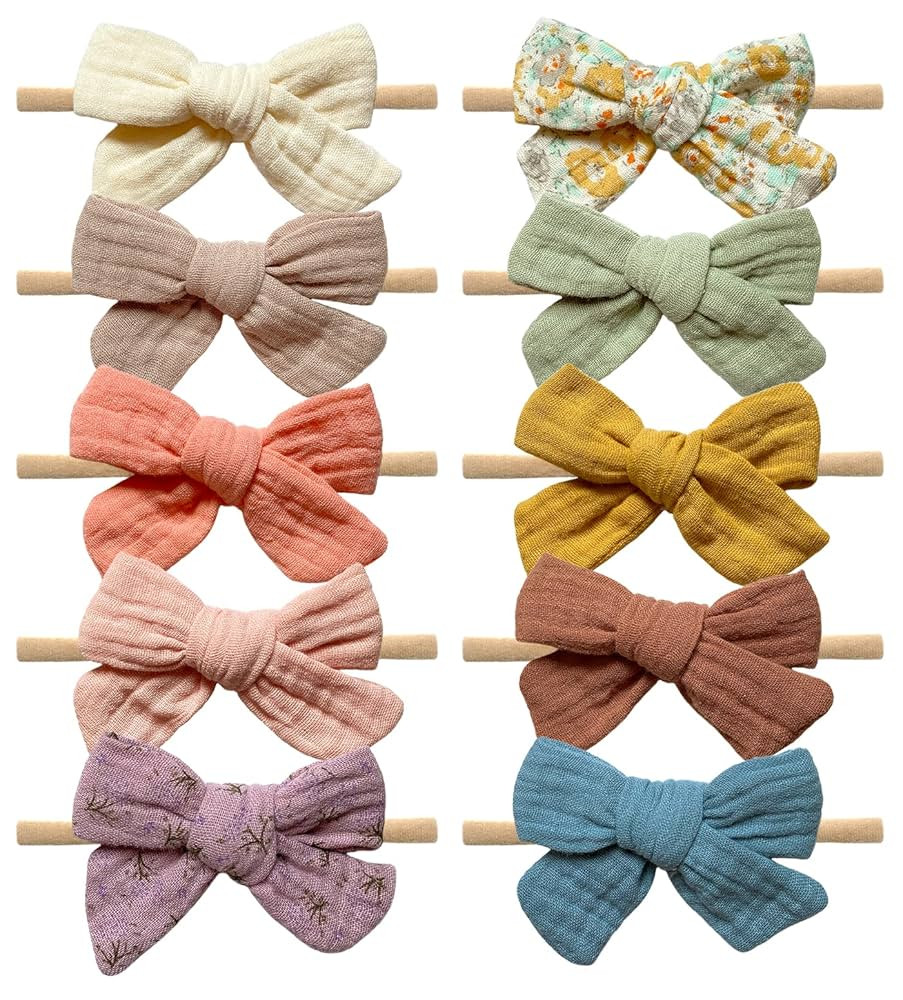 Cherssy Baby Muslin Hair Bows and Headbands, 10pcs Soft Nylon Hairbands for Newborn, Infants, Tod... | Amazon (US)