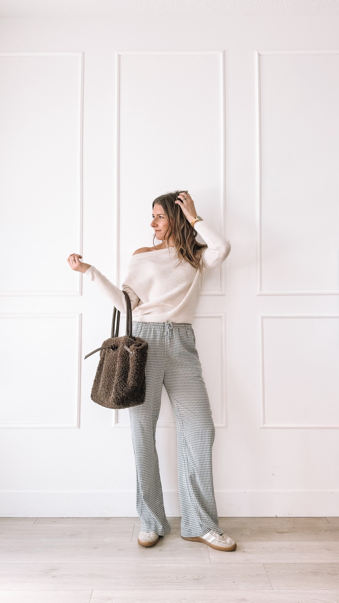 Comfy but put together everyday outfit with off the shoulder sweater, relaxed pants, neutral sneakers, and sherpa tote.

#LTKgrwm #LTKootd #LTKmomlife