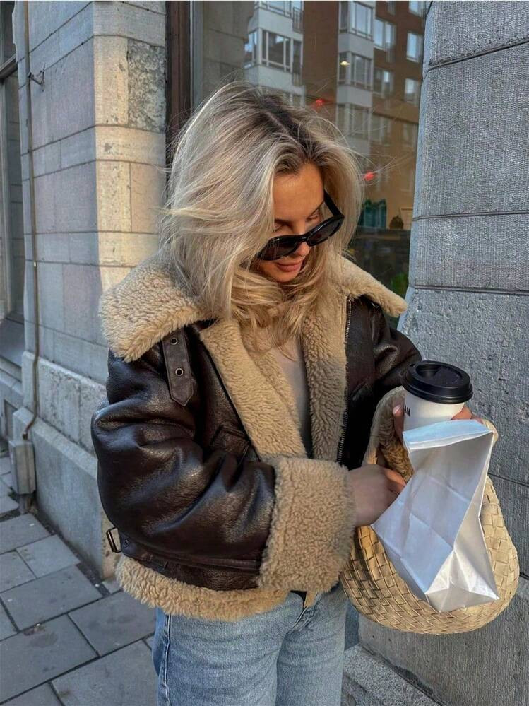 BE 2026 New Short Warm Double-Sided Motorcycle Jacket, Women's Brown Faux Leather Shearling Collar Coat, Fur-Lined PU Leather Jacket | SHEIN