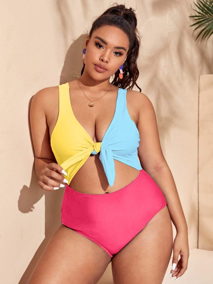 Plus Color Block Knot One Piece Swimsuit | SHEIN