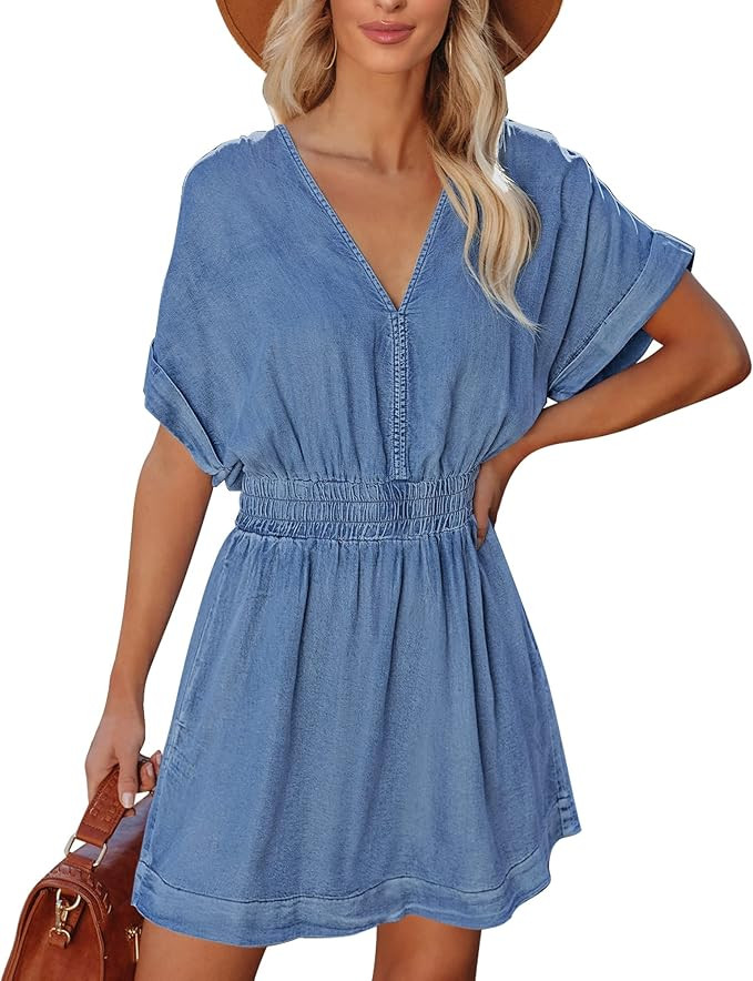 LookbookStore Denim Dress for Women Chambray Batwing Sleeves Smocked Waist A-line Short Jean Dres... | Amazon (US)
