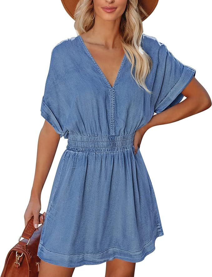 LookbookStore Denim Dress for Women Chambray Batwing Sleeves Smocked Waist A-line Short Jean Dres... | Amazon (US)