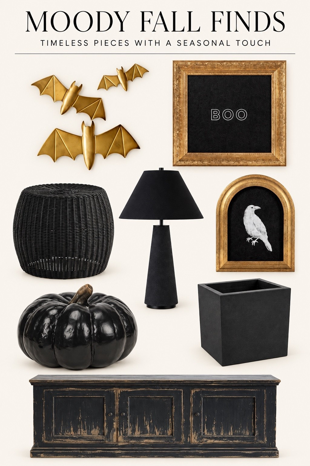 Moody Fall Home Decor Finds

A little moody, a little playful, and still timeless. I pulled together black and brass pieces for fall, from the sculptural lamp and distressed cabinet to the glossy pumpkin, brass bats, and framed art. Shop the pieces to bring this look home.

#LTKSeasonal #LTKHome #LTKSaleAlert