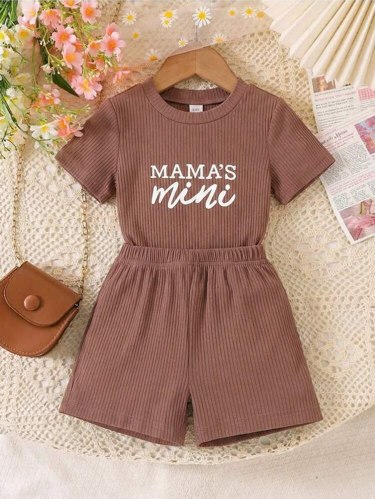 SHEIN Vintaside Kids Young Girl Letter Print Short Sleeve T-Shirt And Shorts Set Summer Holiday | SHEIN