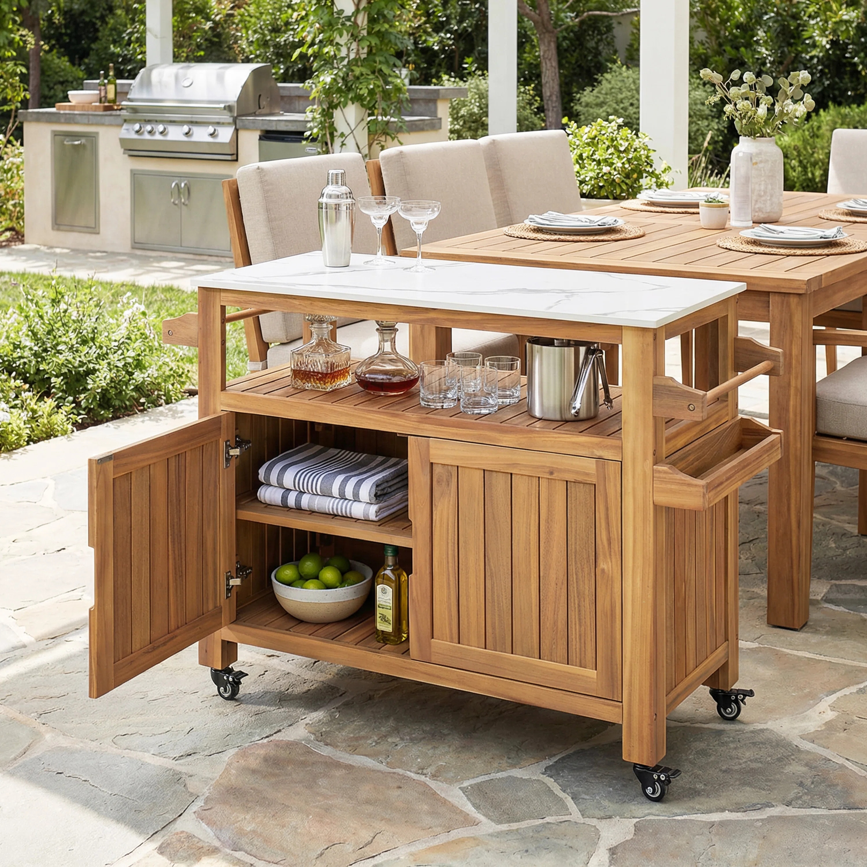 Martel Modern Farmhouse Acacia Wood Outdoor Bar Cart with Marble-Effect Top & Storage Cabinet | Wayfair North America