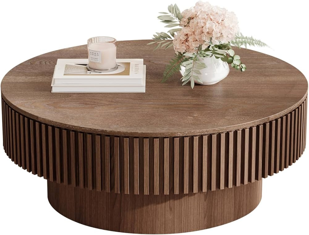 31.5'' Walnut Coffee Table Round Wood Modern Solid Wood Veneer Handcrafted Relief Tea Table with ... | Amazon (US)