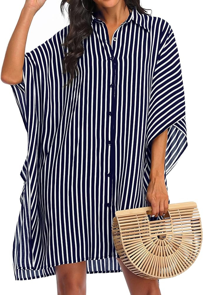 Ekouaer Women's Swimsuit Cover Up 3/4 Sleeve Beachwear Bikini Coverups Button Down Oversized Cove... | Amazon (US)