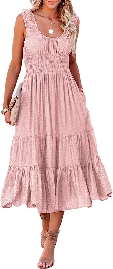 AlvaQ Women Summer Sleeveless Smocked Midi Dress High Waist Casual Tiered A Line Sundress with Po... | Amazon (US)