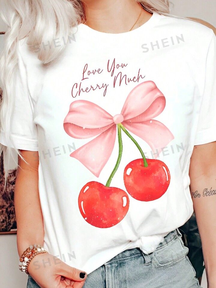 SHEIN LUNE Cherry And Letter Print Short Sleeve T-Shirt | SHEIN