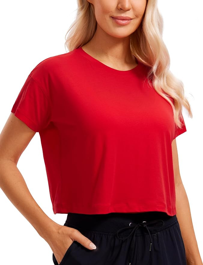 CRZ YOGA Women's Pima Cotton Workout Short Sleeve Shirts Loose Crop Tops Athletic Gym Shirt Casua... | Amazon (US)