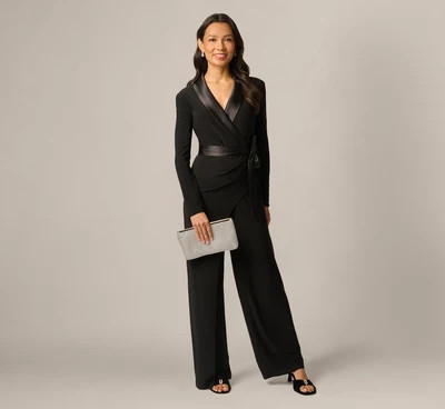 Petite Jersey Wide Leg Tuxedo Jumpsuit With Charmeuse Details In Black | Adrianna Papell
