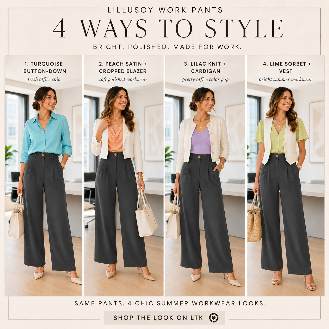 LILLUSORY Summer Workwear | Charcoal Grey High-Waisted Wide Leg Pants

One pair of charcoal grey work pants, four polished office outfits — and this is exactly why these are worth checking first!!

These LILLUSORY high-waisted wide leg work pants are the kind of closet staple that makes getting dressed for work feel easier because they give you one strong base you can style so many different ways. 

The charcoal grey color feels sleek, elevated, and easy to pair with bright summer tops, while the high waist and wide leg shape create that flattering, pulled-together workwear fit.

This is the pair that solves the “I need more office outfits, but I don’t want to buy a whole new wardrobe” problem. 

You can style them fresh with turquoise, soft and polished with peach satin, pretty with lilac layers, or bright and modern with lime sorbet — same pants, completely different vibe every time.

Perfect for office days, meetings, teacher outfits, business casual looks, interviews, conferences, work travel, desk-to-dinner plans, and polished weekday outfits that need to look chic without taking forever.

I styled the outfit formulas worth checking first so you can see how much wear one versatile pair of work pants can actually give you.

📌 SAVE this for summer work outfit ideas when you want one pair of pants that can carry endless polished office looks.

↓ Everything is linked!

#LTKSaleAlert #LTKWorkwear #LTKTravel