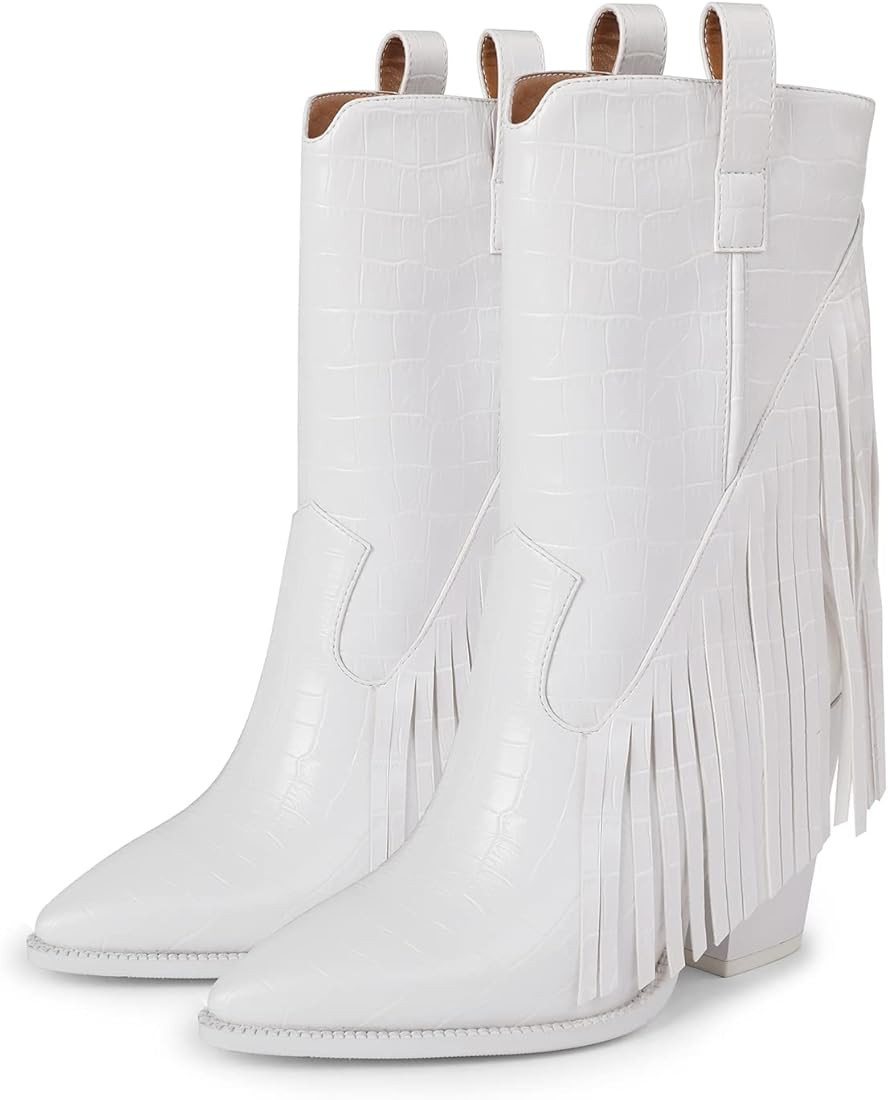 ISNOM Fringe Cowboy Boots for Women, with Sassy Tassel and Block Heel Design | Amazon (US)