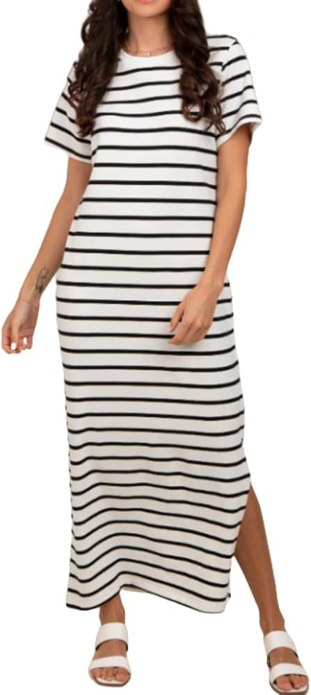 Women's Summer Striped T-Shirt Dress Short Sleeve Crewneck Side Slit Stripe Casual Beach Maxi Dre... | Amazon (US)
