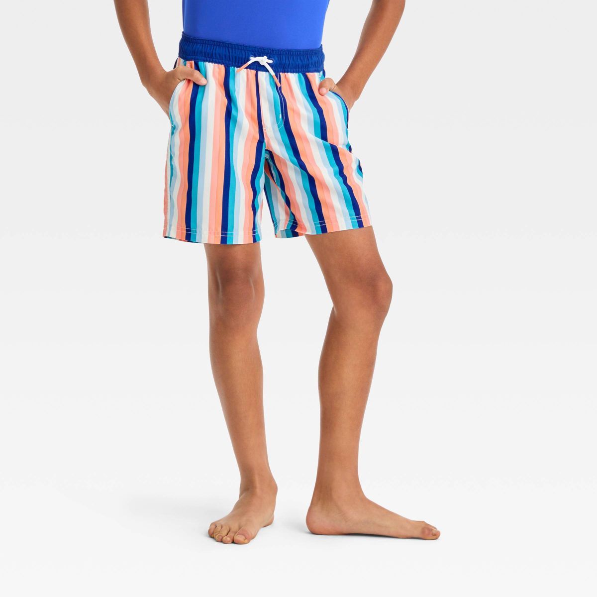 Boys' Striped Swim Shorts - Cat & Jack™ Blue/Orange M | Target