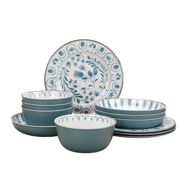 Better Homes & Gardens 12-Piece Bamboo Melamine Dinnerware Set, Blue - Walmart.com | Walmart (US)