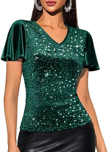 DRESSTELLS Womens Sequin Tops V Neck Ruffle Sleeve Sparkly Blouses for Party Disco Concert Outfit... | Amazon (US)
