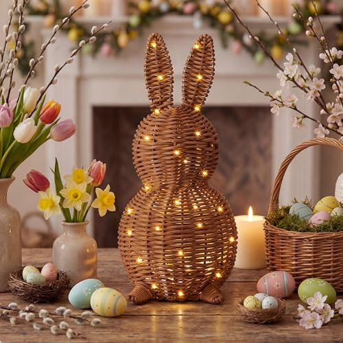 Thyle 1 Pcs Neutral Easter Rattan Bunny Decoration, 13.8 Inch Morden Woven Rabbit Tabletop Centerpiece with 3.28 FT String Light, Rabbit Ornament for Mantel Fireplace Easter Home Tiered Tray Decor | Amazon (US)