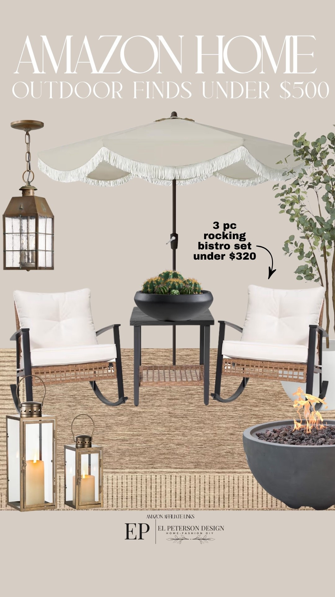 Amazon
3 pc outdoor set
Rug
Fire pit
Faux tree
Planter
Lantern
Pendant light 
Outdoor umbrella 

#LTKHome