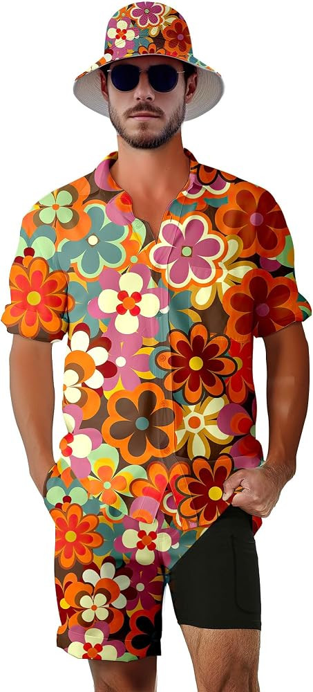 Men's 2 Piece Tracksuit 80s 90s Outfit Button Down 80s Shirts and Shorts Sets with Bucket Hats | Amazon (US)