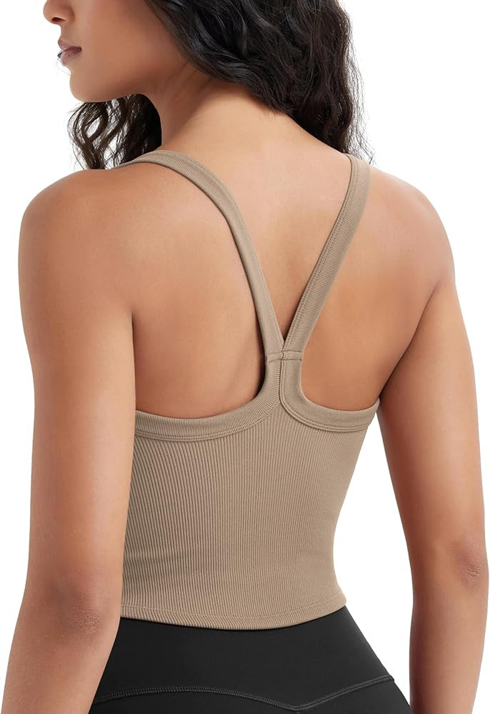 ODODOS Women's Seamless Crop Cami Wide Scoop Neck Ribbed Soft Open Racerback Cropped Tank | Amazon (US)