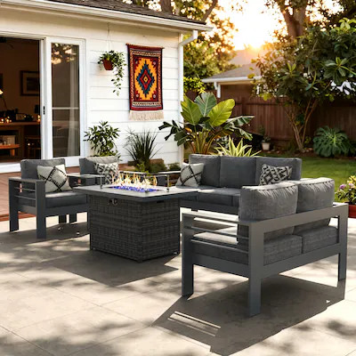 LayinSun  5 -Piece Outdoor Aluminum Patio Conversation Set with Fire Pit and Dark Gray Cushions | Lowe's
