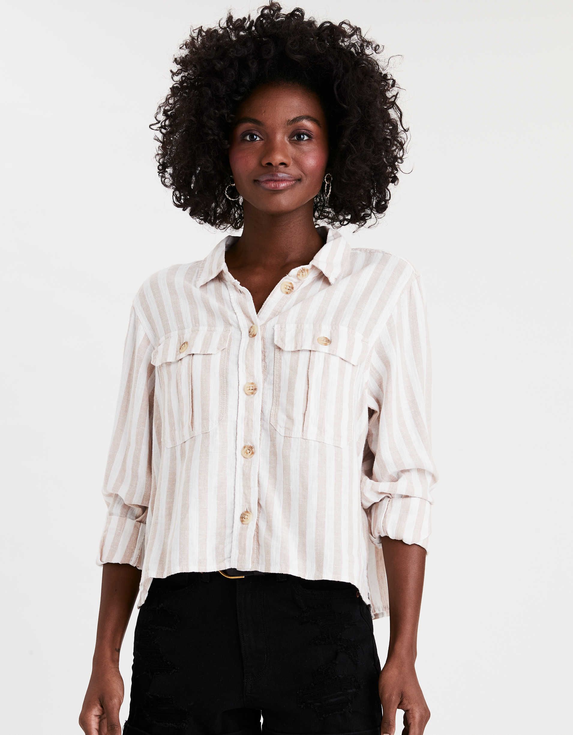AE Striped Cropped Button Up Shirt | American Eagle Outfitters (US & CA)