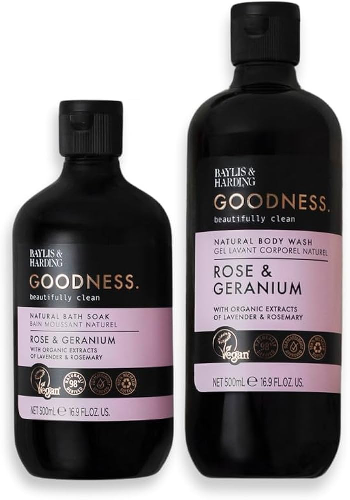 Baylis & Harding Goodness Body Wash, Rose & Geranium Scent. Natural Body Wash & Bath Soak Set, 98... | Amazon (US)