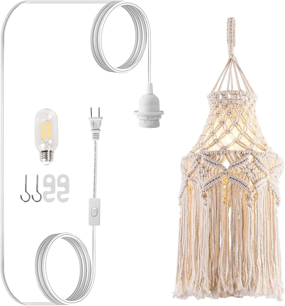 Boho Plug in Pendant Light Macrame Lamp Shade with Light Bulb Hanging Lamp with Plug in Cord,On/O... | Amazon (US)