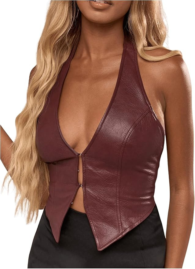 SOLY HUX Women's PU Leather Halter Tank Tops Sexy Deep V Neck Asymmetrical Vest Corset Party Club... | Amazon (US)