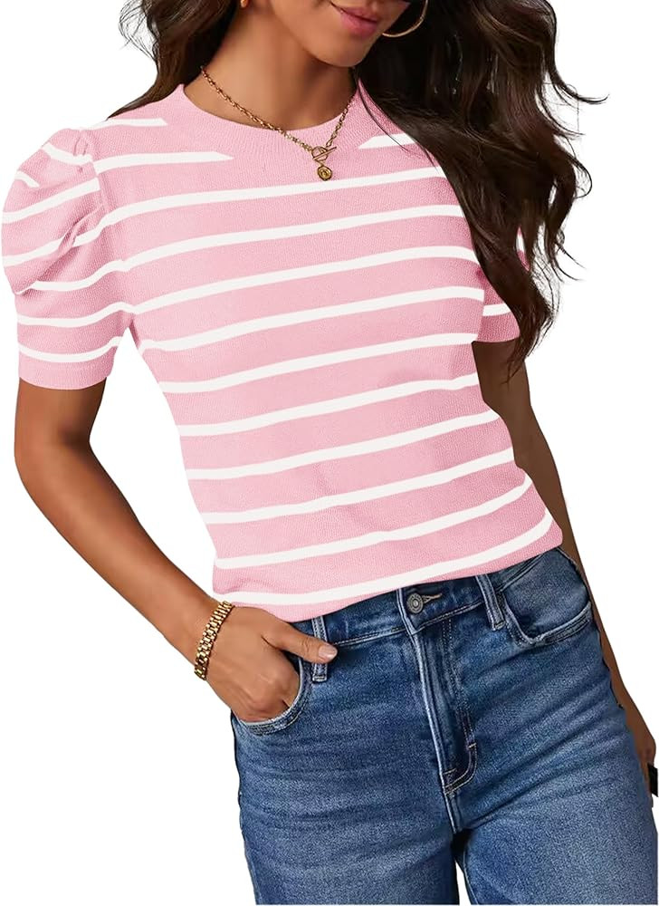 HAEOF Women's Striped Puff Short Sleeve Business Casual Tops Spring Summer Trendy Lightweight Swe... | Amazon (US)