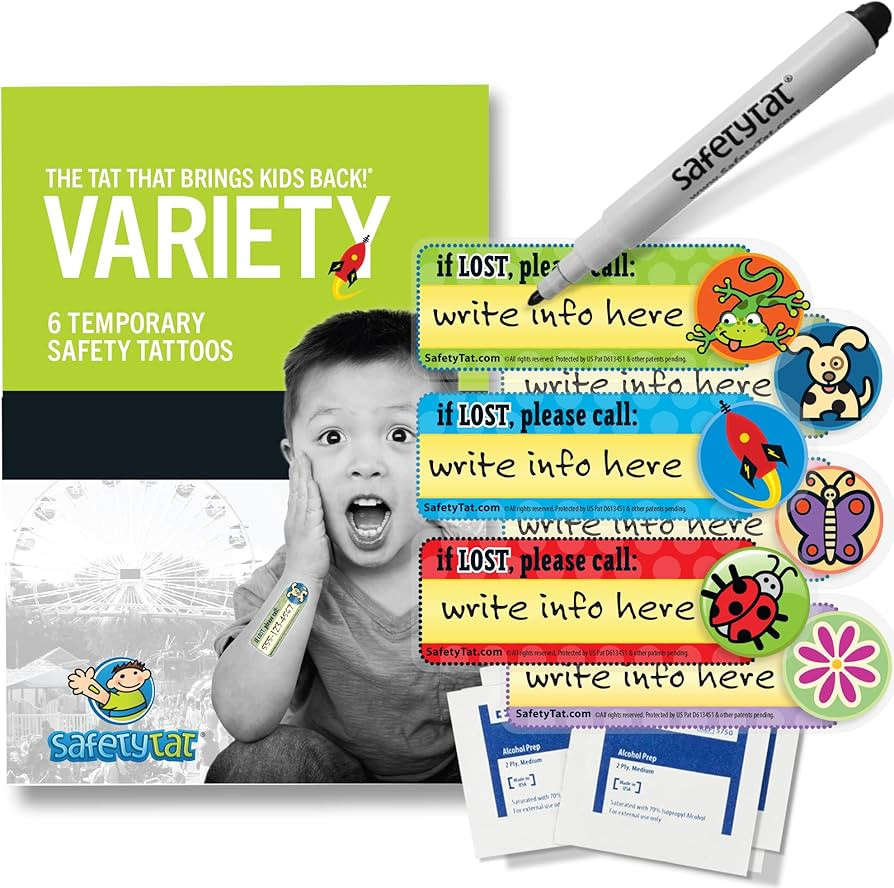 Variety 6pk SafetyTat Child ID Tattoos includes skin prep wipes and tattoo marking pen | Amazon (US)