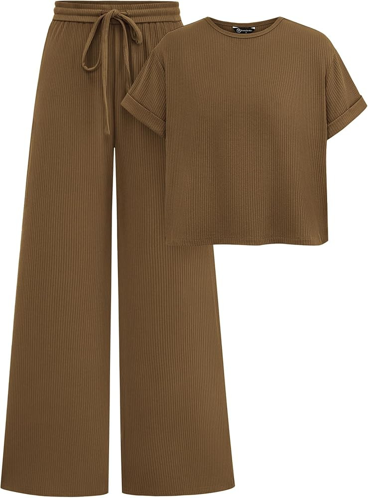 PRETTYGARDEN Camiseta de verano de 2 piezas de punto para mujer, camiseta de manga corta, pantalo... | Amazon (US)