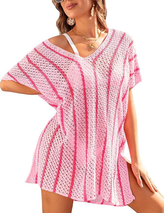 BQDCQB Womens Beach Cover Up Striped Crochet Loose Fit V Neck Casual Summer Vacation Holiday Biki... | Amazon (US)