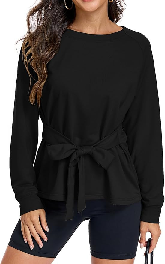 Women's Long Sleeves Shirt Tops Crew Neck Tie Knot Sweatshirt Tops Casual Fall Loose Fit Cropped ... | Amazon (US)