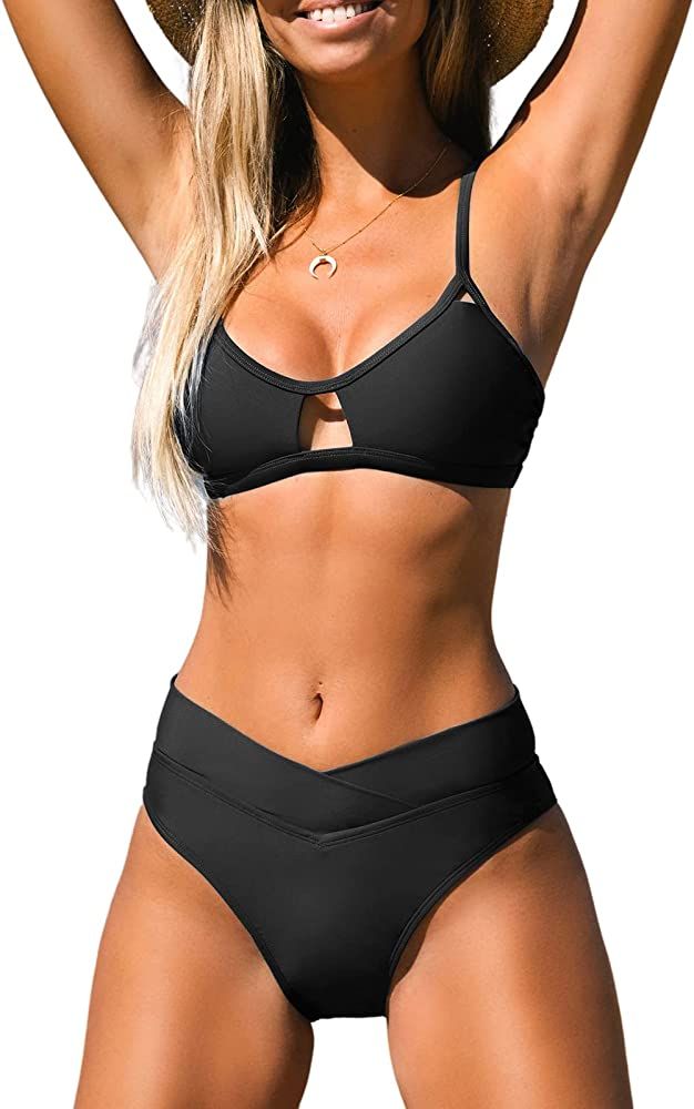 CUPSHE Bikini Set for Women Two Piece Swimsuits Cut Out High Waisted Scoop Neck V Cut Bottom | Amazon (US)