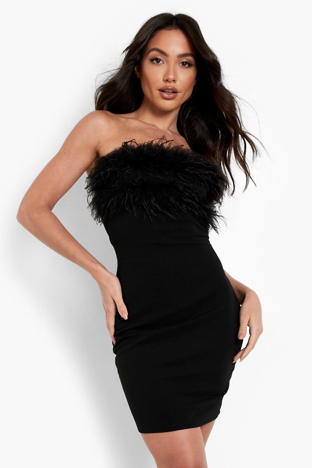 Womens Bandeau Feather Mini Bodycon Party Dress - Black - 10 | Boohoo.com (US & CA)