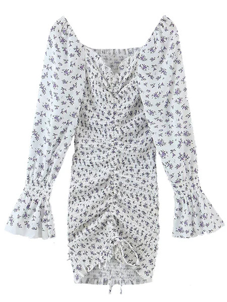 'Alexandra' Floral Printed Puff Sleeves Drawstring Mini Dress | Goodnight Macaroon