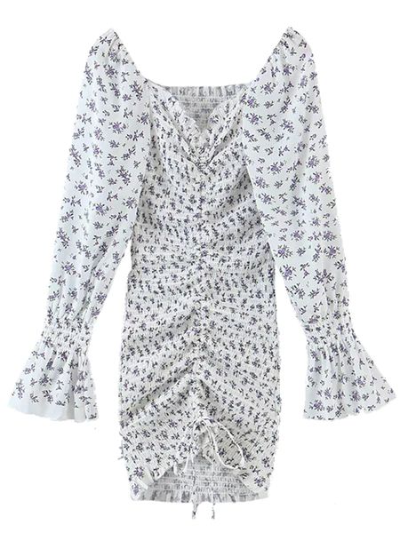 'Alexandra' Floral Printed Puff Sleeves Drawstring Mini Dress | Goodnight Macaroon