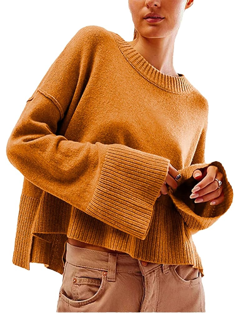 Wanzetaly Women's Oversized Cropped Sweaters Casual Crewneck Pagoda Sleeve Knit Pullover Tops | Amazon (US)