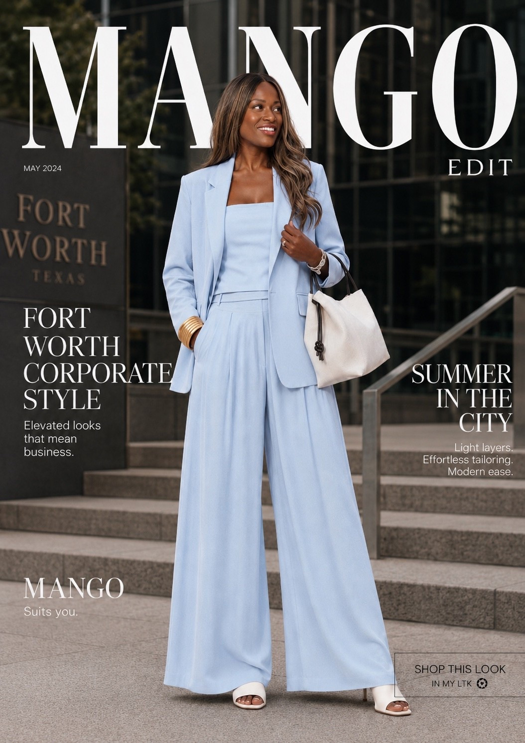 This powder blue @Mango set is the perfect reminder that workwear doesn’t have to feel stiff to make a statement. The oversized blazer, flowing wide-leg pants, and soft neutral accessories give effortless luxury while still feeling polished enough for the office, client meetings, or rooftop happy hour after work.