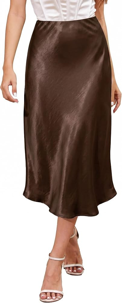 Women Satin Silky A Line Flowy Midi Long Skirt High Waisted Elegant | Amazon (US)