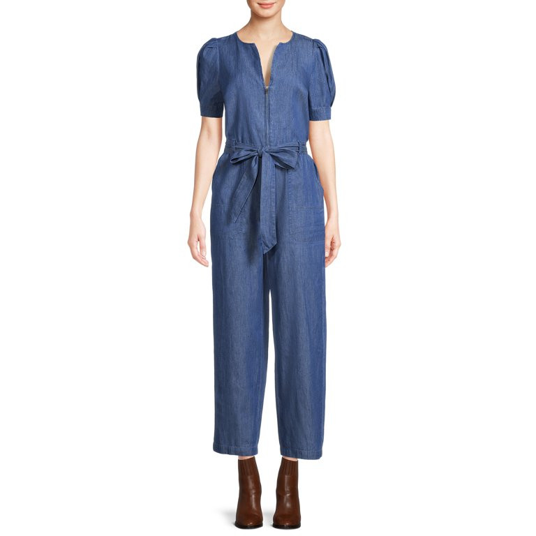 The Get Women's Short Sleeve Zip Front Jumpsuit with Tie | Walmart (US)