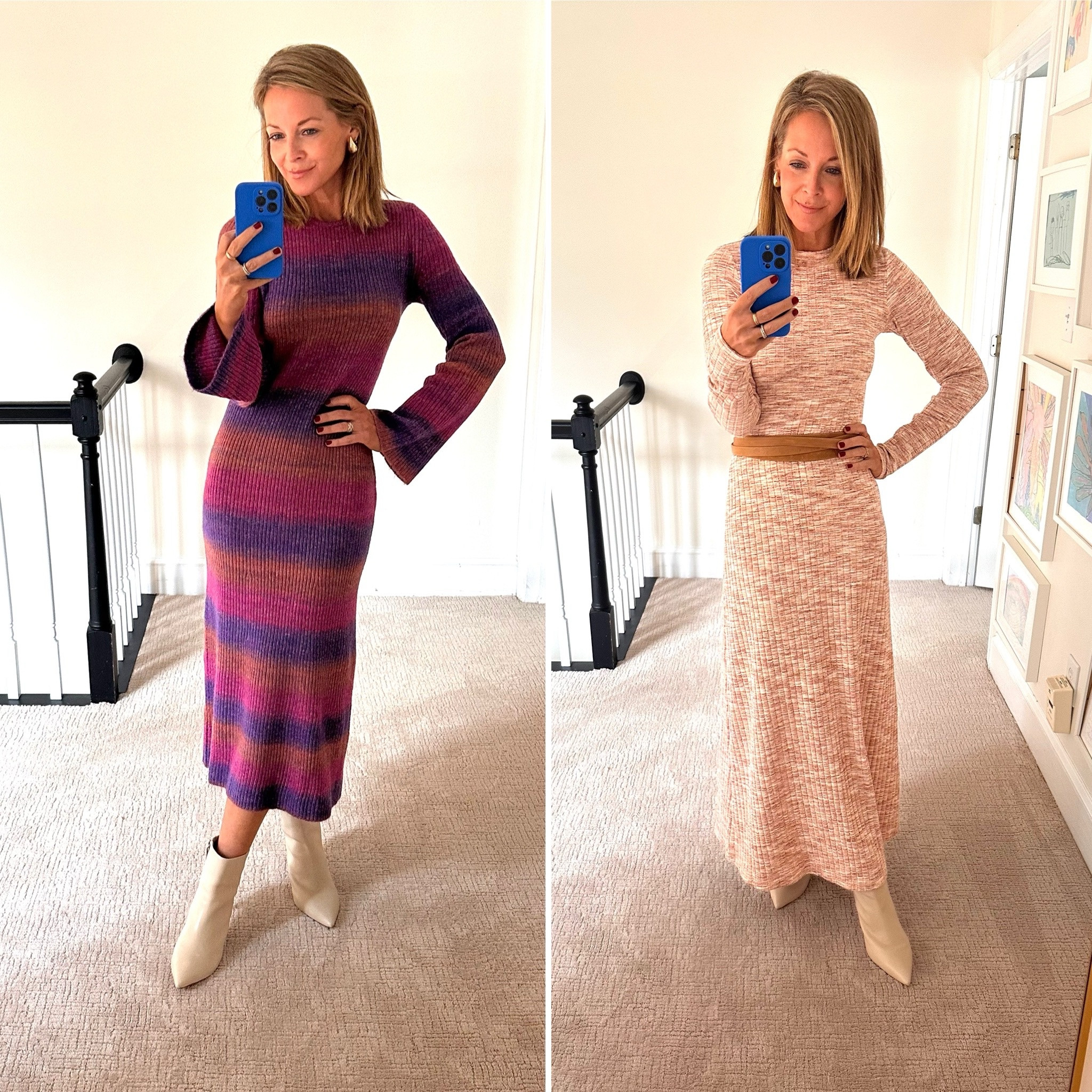 Wearing a SM in both but long in the Old Navy! I am 5’9