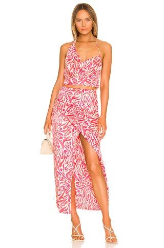 NICHOLAS Farah Long Faux Wrap Skirt in Abstract Leopard Coral from Revolve.com | Revolve Clothing (Global)