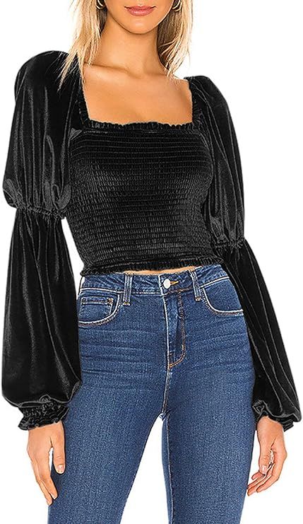 R.Vivimos Women's Fall Long Puff Sleeves Velvet Stretchy Ruched Crop Tops Blouses | Amazon (US)