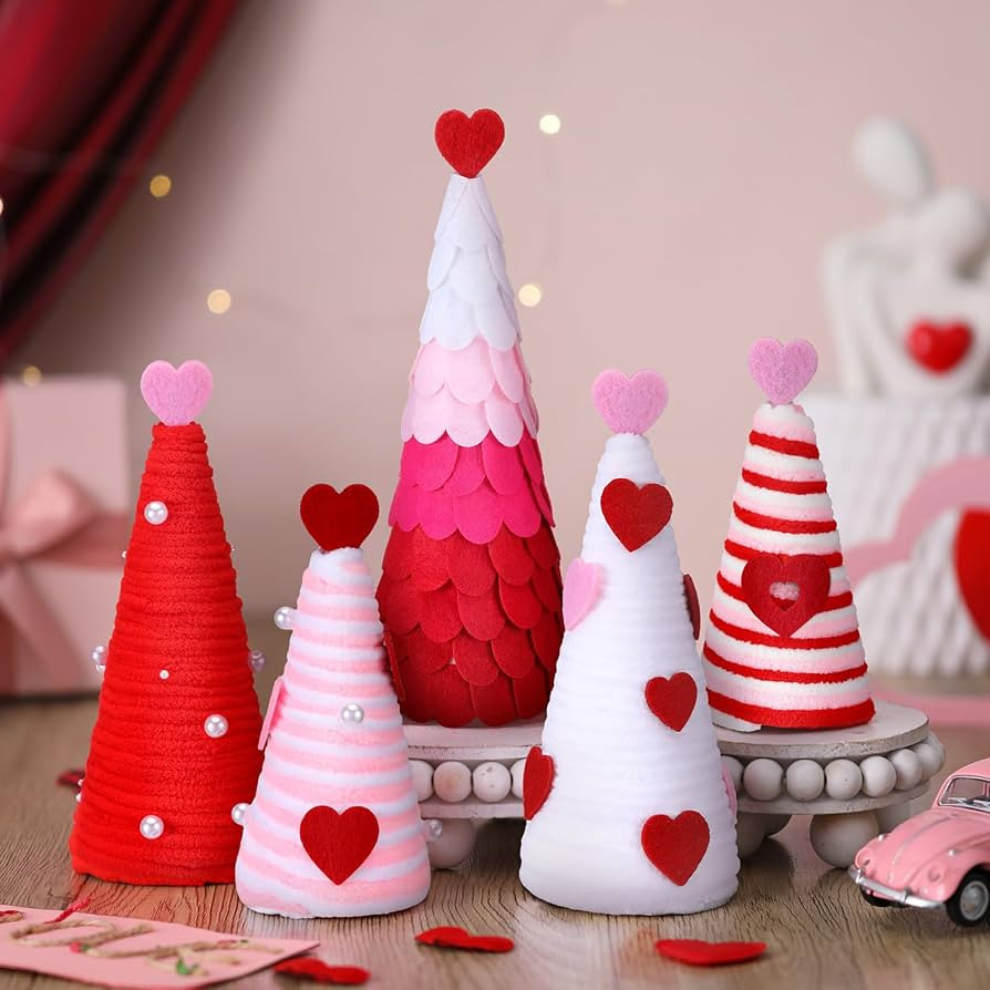 5 Pcs Valentine's Day Tree Table Decor Pink White Red Yarn Wrapped Mini Trees with Heart Decor Ro... | Amazon (US)