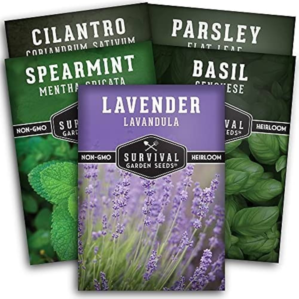Survival Garden Seeds Popular Herb Collection Seed Vault - Lavender, Spearmint, Basil, Cilantro, ... | Amazon (US)
