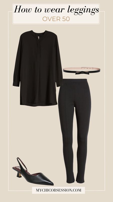 Pair your leggings with this long tunic shirt. Two simple pieces are able to transform this look instantly - a bow belt and a pair of kitten heel slingback heels. 

#LTKstyletip #LTKover40