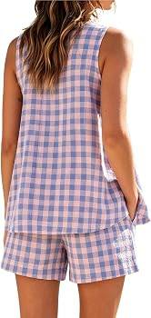 Gozoloma Women's Oversized Gingham 2 Piece Set Crewneck Sleeveless A-Line Top and Relaxed Shorts ... | Amazon (US)
